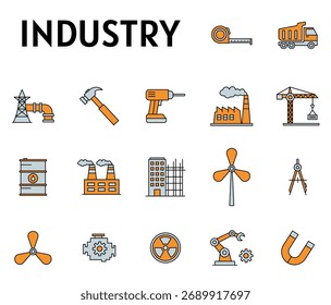 Conjunto de iconos de la industria y la fabricación: herramientas de construcción, fábrica, energía e ingeniería Ilustración vectorial de equipos