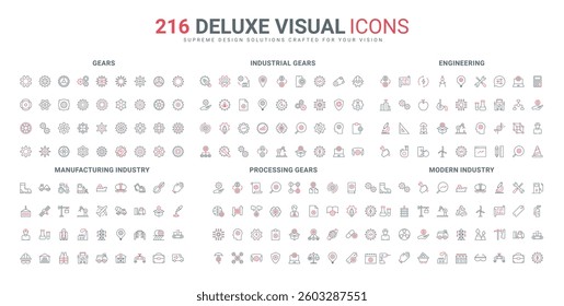Industry, manufacturing and transport infrastructure, gears and cogwheels line icon set. Workshop garage and industrial process mechanism thin black and red outline symbols vector illustration