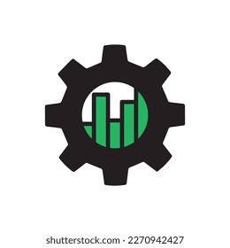 icono de métrica de la industria con engranaje negro y gráfico verde. tendencia plana diseño de diseño web de logotipo de rueda moderna aislado en blanco. símbolo de rendimiento de negocio o signo de resultado fintech