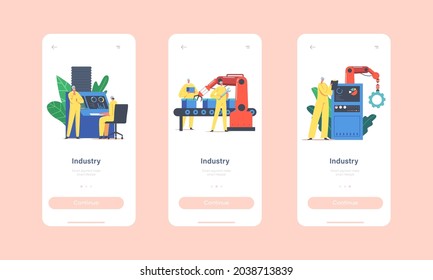 Industry Mobile App Page Onboard Screen Template. Assembly Line with Robotic Arms, Factory Workers Characters Automated Production, High Tech Machinery Concept. Cartoon People Vector Illustration