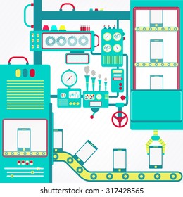 Industry of mobile. Mobile industry with machinery and gripper handling cellphones.