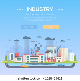 Industry - modern flat design style vector illustration on blue background with place for text. A high quality composition with a big plant, cars on the road. Air and water pollution theme