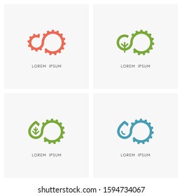 Industry and nature logo set. Gear wheel or pinion, green tree, leaf and drop of water symbol - mechanical engineering, alternative energy and hydro power, ecology and environment icons.