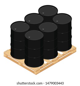 Industry oil barrels or chemical drums stacked on wooden pallet. Chemical tank. Container of barrels of hydrocarbons.