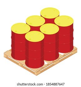 Industry oil barrels or chemical drums stacked on wooden pallet. Chemical tank. Container of barrels of hydrocarbons.