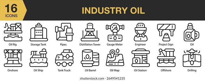 Conjunto de ícone de óleo industrial. Inclui indústria, petróleo, energia, combustível, petróleo e muito mais. Contornar coleção de vetores de ícones.