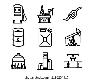 Conjunto de iconos del linevector de aceite de la industria - vector de jack de aceite, bote, plataforma offshore, almacenamiento de gas, gasoducto, cañón