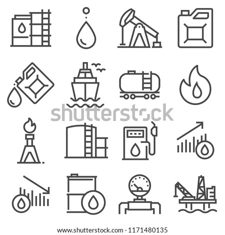 Industry oil linevector icon set - oil jack vector, canister, offshore platform, gas station, pipeline, barrel, factory