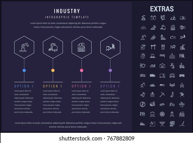 Industry options infographic template, elements and icons. Infograph includes options, line icon set with mining equipment, fossil fuels, conveyor belt, nuclear power plant, manufacturing industry etc