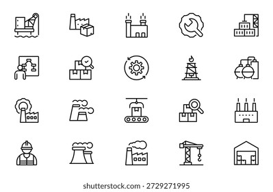 Industry Outline Icon Set – Technology, Finance, Healthcare, Automotive, Energy, Retail, Construction, Hospitality, Tourism, Education, Oil, Gas, Refinery, Petroleum, Lubricant and Agriculture Thin Line Icons, Modern Vector Illustration