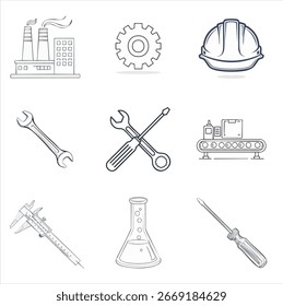 Conjunto de iconos de Vector de contorno de la industria: símbolos de línea negra mínimos