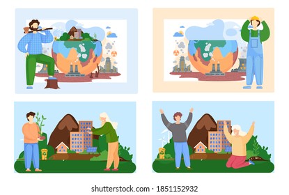 Industry and people destroy plants. Volunteering, charity social concept. Volunteer people plant tree. Globe polluted by factories. Planet destroyed by human activity. Ecological problems green energy