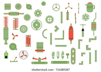 industry, pipe, valves, mixers, gear, light bulb, link, springs, fans, turbines, engines, etc. mechanical engineering, part robot. vector illustration