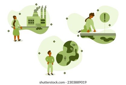 industry pollution illustration set. the factory releases pollution into the water source, causing animals to die and rotten water. water pollution concept. vector illustration.