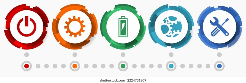 Industrie-, Energie- und Energiekonzept, Vektorsymbol-Set, Web-Buttons mit flachem Design, technologischer Infografik