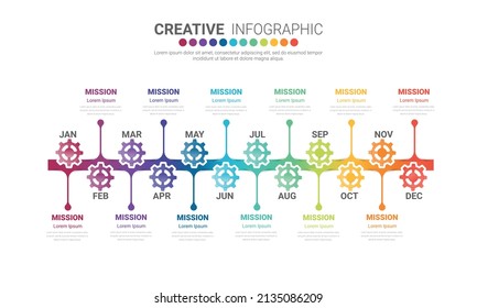 Industry presentation model with gears cogwheels 12 months, 1 year. Concept of coordinated work, mechanical process, functioning mechanism. Modern infographic design template. 