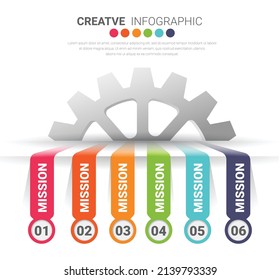 Modelo de presentación de la industria con engranajes 6 pasos. Concepto de trabajo coordinado, proceso mecánico, mecanismo funcional. Plantilla moderna de diseño infográfico. 
