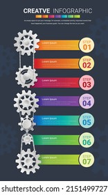 Industry presentation model with gears cogwheels 7 steps. Concept of coordinated work, mechanical process, functioning mechanism. Modern infographic design template. 