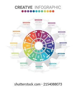 Industry presentation model with gears cogwheels 12 steps, all month planners, Concept of coordinated work, mechanical process, functioning mechanism. Modern infographic design template. 