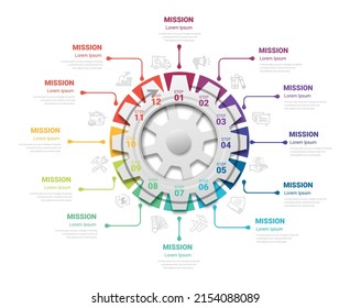 Industry presentation model with gears cogwheels 12 steps, all month planners, Concept of coordinated work, mechanical process, functioning mechanism. Modern infographic design template. 