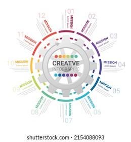 Industry presentation model with gears cogwheels 12 steps, all month planners, Concept of coordinated work, mechanical process, functioning mechanism. Modern infographic design template. 