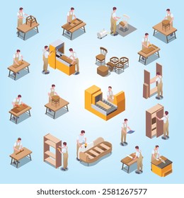 industry production isometric icons furniture-production by modern hand craftsman big isometric icons set with woodworking upholstering 