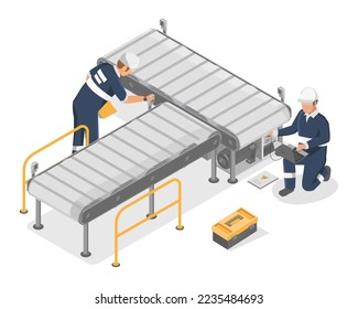 industry production line factory conveyor technicians engineering checking service maintenance  technology isometric isolated