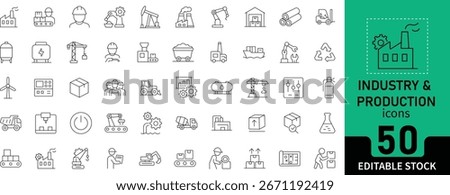 Industry and Production Line Icon Set. Collection of 50 outline icons featuring factory, automation, assembly line, gear, worker, process, and machinery. Editable stroke. Linear vector illustration