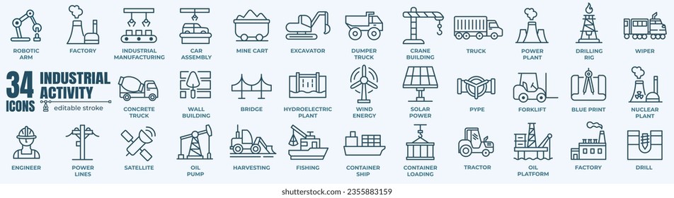 Industry and production line icons collection. Factory, energy, manufacture, tools icons. Editable line