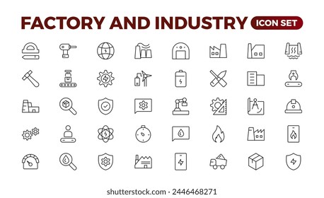 Industry and production line icons collection. Factory, plant, manufacture, tools icons. UI icon set. Thin outline pack. Vector illustration.Set of industry Icons. Simple art style. Outline icon set.