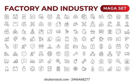 Industry and production line icons collection. Factory, plant, manufacture, tools icons. UI icon set. Thin outline pack. Vector illustration.Set of industry Icons. Simple art style. Outline icon set.