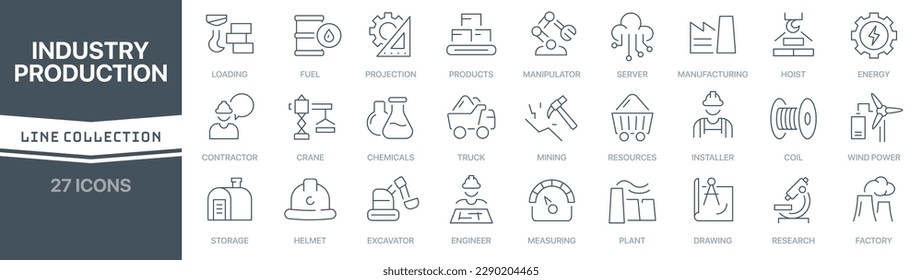 Colección de iconos lineales de la industria y la producción. Colección de iconos de línea delgada firmada. Conjunto de iconos de esquema simple de producción y industria