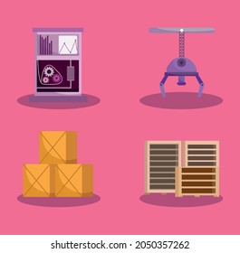producción industrial, estantería de máquinas y cajas