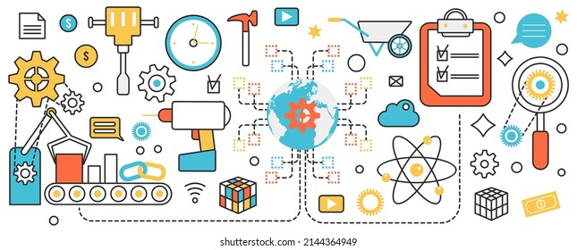 Industry, Production Process, Machinery And Equipment. Abstract Machine Line For Assembly Of Products With Conveyor Belt, Automation Manufacture In Infographic Concept Banner, Thin Line Art Design