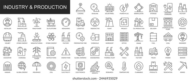 Iconos web de la industria y la producción establecidos en diseño de línea delgada. Paquete de renovación, energía, almacenamiento, logística, fábrica, fabricación, ingeniero, planta, otros pictogramas de contorno. Ilustración vectorial.