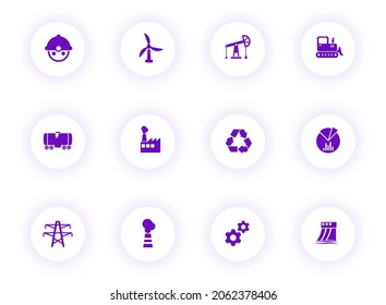 industry purple color vector icons on light round buttons with purple shadow. industry icon set for web, mobile apps, ui design and print