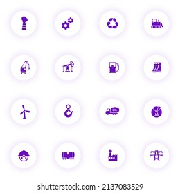 industry purple color vector icons on light round buttons with purple shadow. industry icon set for web, mobile apps, ui design and print