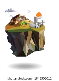 Industry RDF electric power plants on island low polygon , mountain background, Tree, clouds icons, Ecology saving pure energy concept.