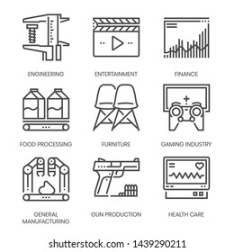 Industry related, square line vector icon set for applications and website development. The icon set is pixelperfect with 64x64 grid. Crafted with precision and eye for quality.