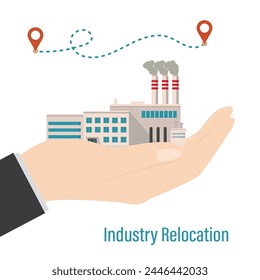 Industry relocation. Businessman hand holds factory. Global relocation of production and equipment. Body part, transportation route and industrial buildings isolated on white background. Flat vector