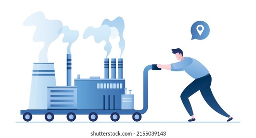 Industry relocation. Worker man or manager push cart with industrial factory. Global relocation service, horizontal conceptual banner. Moving of production and equipment. Flat vector illustration