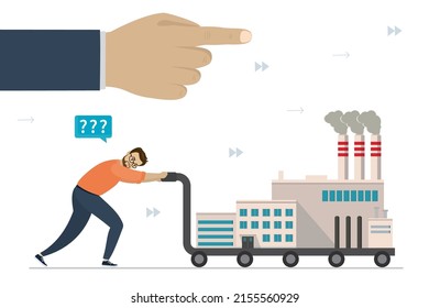 Industry relocation. Worker man push cart with dirty industrial factory. Hand of politician forbids placement of dirty industries in country. Global relocation of production and equipment. Flat vector