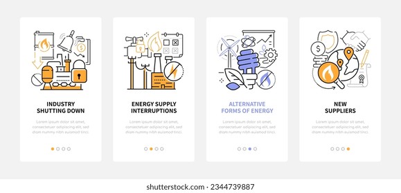 Industria y recursos - banners de diseño de línea con lugar para texto. Cierre de plantas, interrupciones del suministro de energía y fuentes alternativas. Combustible, línea de alimentación, molino de viento y apretón de manos