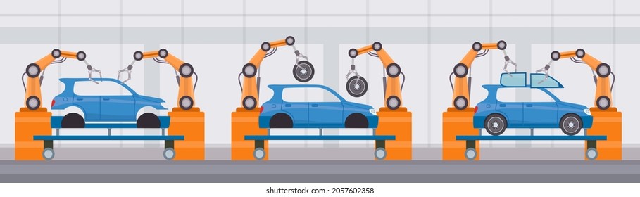 Industry robot arm assemble cars on conveyor belt. Automobile factory automated manufacture. Flat machine construction line vector concept. Vehicle production process with innovative equipment