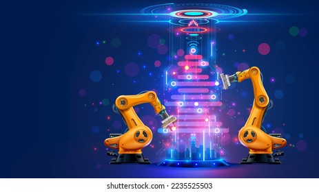 Industry robot decorations christmas tree. Robotic arm on factory on card of christmas holidays. Industrial robots manipulator decorations cyber virtual christmas tree in modern tech style.