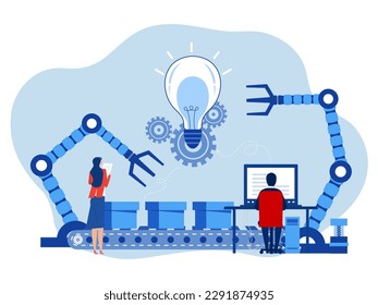 industry robot factory concept industrial packaging system process Robotic system control goods  future production process with infographic chart and people Advanced logistics technology 