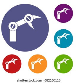 Industry robot icons set in flat circle red, blue and green color for web