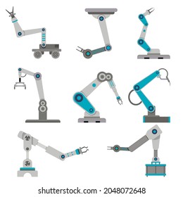 Industry robot for pack product, ai electronics arm industrial automated, robotic conveyor, robot arm intelligence for packaging and assembly, pinch machine. Vector illustration