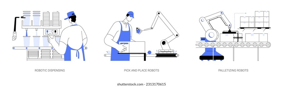 Industry robots abstract concept vector illustration set. Robotic food and beverage dispensing, pick and place robot, service sector automation, palletizing autonomous machine abstract metaphor.