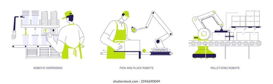 Industry robots abstract concept vector illustration set. Robotic food and beverage dispensing, pick and place robot, service sector automation, palletizing autonomous machine abstract metaphor.